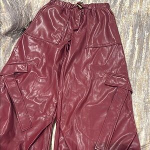Burgundy Faux Leather Cargo Pants